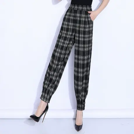 弹力哈伦裤女休闲裤2023春秋新款高腰格子裤萝卜裤时尚显瘦长裤子商品大图