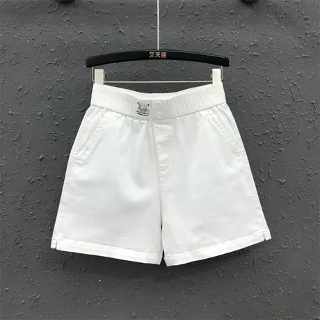 港味白色牛仔短裤女夏天休闲贴标四分小开叉宽松显瘦A字阔腿热裤图片