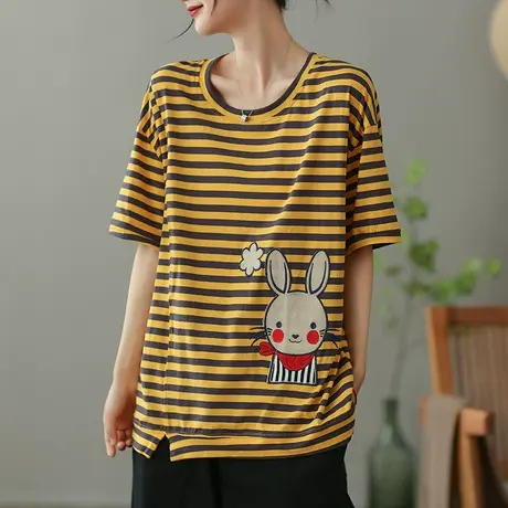 dza条纹圆领短袖T恤女2023夏季薄款纯棉打底体恤宽松减龄套头上衣商品大图