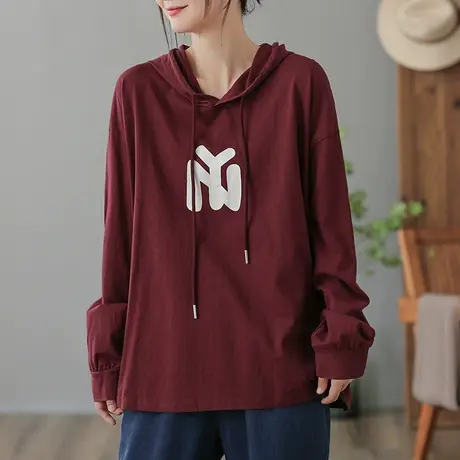 dza 文艺复古纯棉连帽长袖上衣2023春秋新款宽松短款卫衣外套女装图片