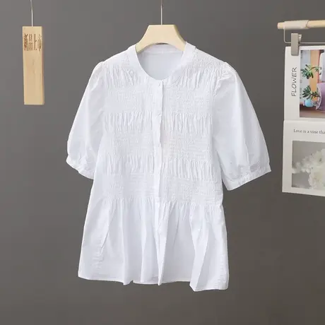 气质立领短袖衬衫女装宽松显瘦松紧收腰显瘦百搭上衣衬衣时尚夏装商品大图