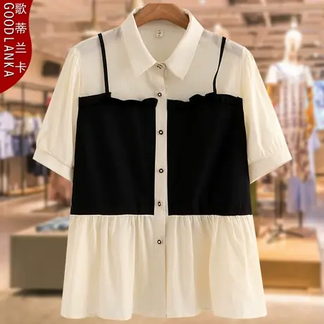 加肥加大码胖妈妈夏季衬衣女2023新款宽松时尚假两件女士雪纺衬衫商品大图