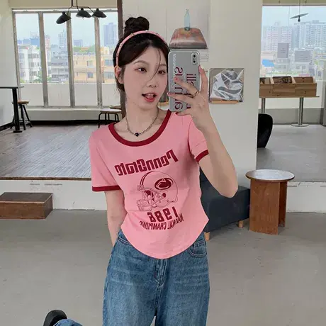 大码卡通印花短袖t恤女夏季2024新款胖MM短款甜辣修身上衣设计感商品大图