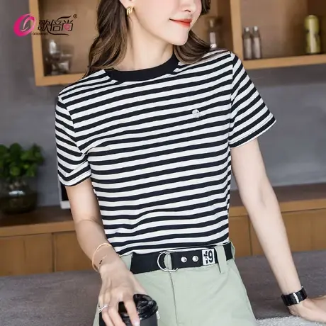 黑白条纹t恤女短袖2022夏季新款紧身圆领纯棉体恤港风修身上衣潮商品大图