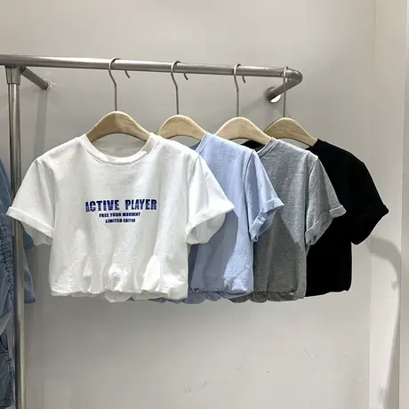 短袖t恤女2021夏季新款韩版ins潮洋气字母印花松紧腰高腰短款上衣商品大图