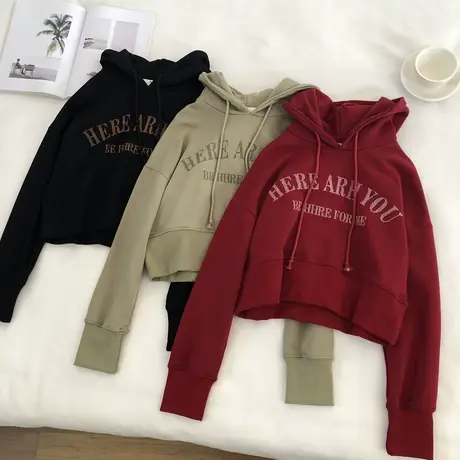 连帽短款卫衣女2022年秋季新款高腰百搭宽松外套慵懒风休闲上衣潮商品大图