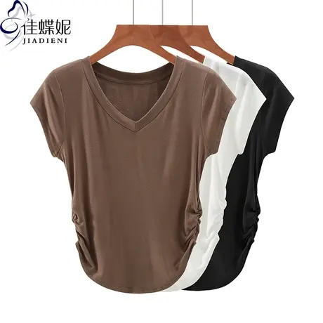 夏季新韩版V领修身纯棉纯色褶皱下摆圆弧短袖体恤上衣内搭女打底商品大图