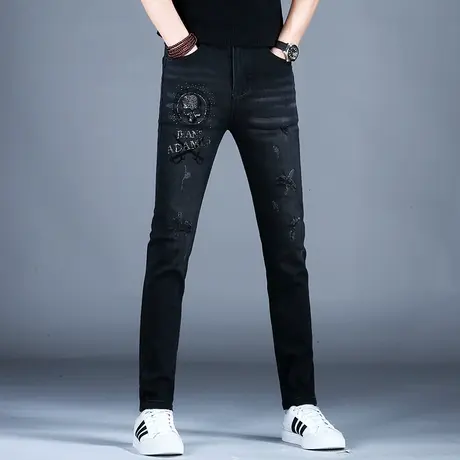 男士高端烫钻牛仔裤男款裤子潮牌男秋冬新款小脚修身黑色美式高街商品大图