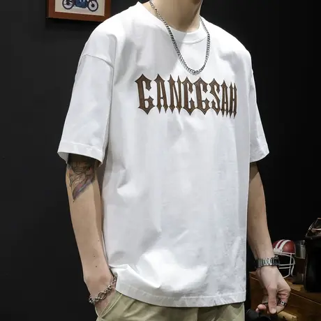 重磅短袖t恤男夏季潮牌2024新款宽松加肥加大码男士白色体恤美式商品大图