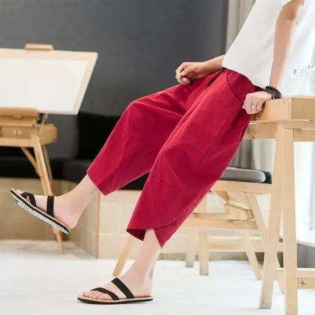 亚麻沙滩裤男宽松大码阔腿七分裤休闲花色棉麻7分哈伦裤原创潮流商品大图