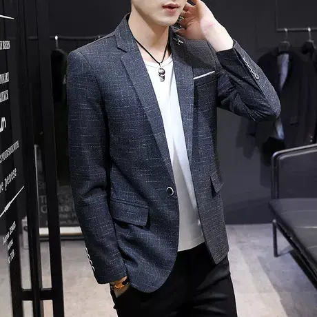 西装男士外套休闲小西服男修身青年帅气韩版男装春季格子单西潮流商品大图