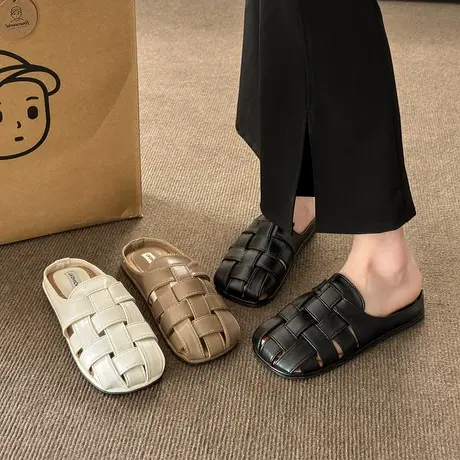 包头软底半拖鞋女鞋子2024年夏季新款小众设计感编织百搭穆勒拖鞋商品大图