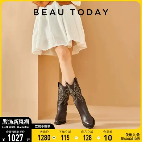 BeauToday刺绣西部牛仔靴复古长筒靴女2023新款秋季BT真皮骑士靴图片