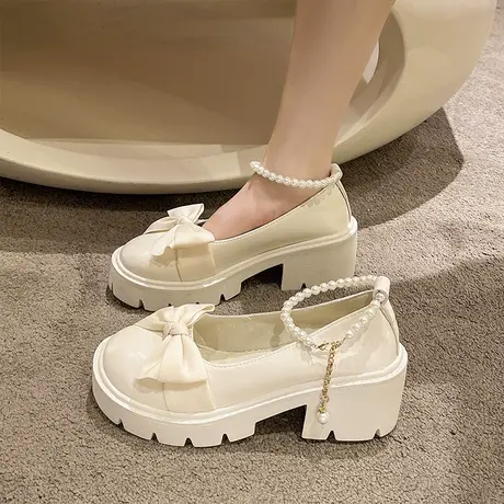 法式玛丽珍鞋女2023年新款春夏珍珠蝴蝶结厚底配裙子单鞋jk小皮鞋商品大图