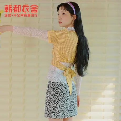 韩都衣舍短款V领衬衫女夏季新款格纹露腰显瘦上衣JZ14385图片