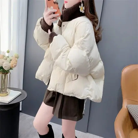 欧货针织拼接立领面包棉服女冬季2023年新款韩版宽松加厚外套上衣商品大图