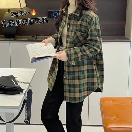 韩版时尚双面呢料格子衬衫女宽松保暖百搭外套衬衣秋冬叠穿女装潮图片