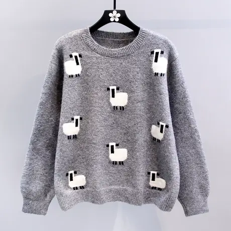 日系卡通小羊套头毛衣女冬季2023新款慵懒风宽松加厚内搭针织上衣商品大图