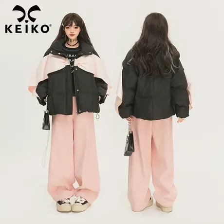 KEIKO 设计感蝴蝶结造型棉服外套加厚冬季韩系减龄拼色棉袄面包服商品大图