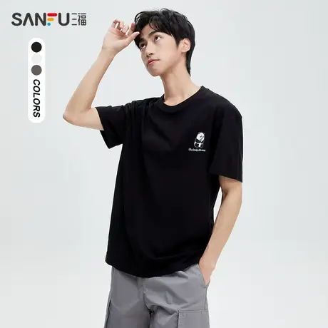 三福2023夏男士小熊猫卡通纯棉短T恤 休闲宽松圆领上衣男473264商品大图