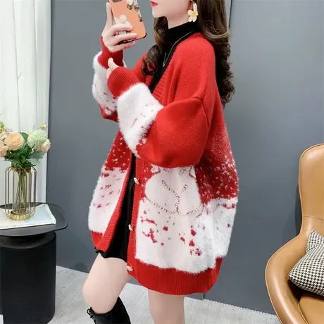 本命年圣诞红色毛衣开衫女秋冬2023年新款宽松设计感钉珠针织外套商品大图