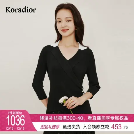 珂莱蒂尔女装2024春季新款撞色v领七分袖法式针织衫套头衫上衣图片