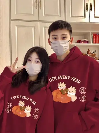 hiphop潮牌卫衣女冬季大码国风情侣连帽外套ins酒红复古加绒上衣商品大图