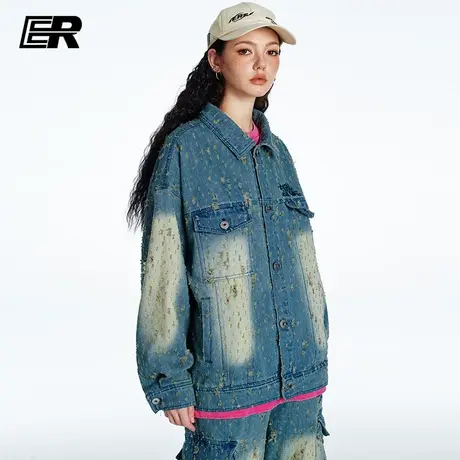 ER做旧破洞水洗牛仔夹克2024春季新款高街潮牌情侣外套男女同款商品大图