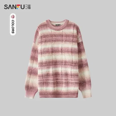 三福2024春季男士复古条纹渐变毛衣 休闲宽松圆领上衣男482525商品大图