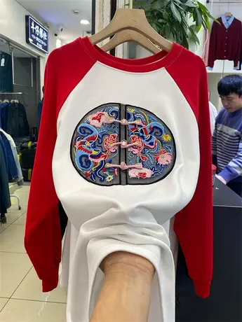 新中式国风盘扣刺绣T恤女春季2024新款洋气宽松别致插肩长袖上衣商品大图