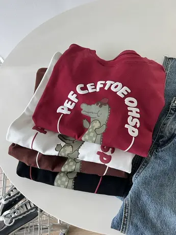 春夏减龄卡通字母印花圆领短袖t恤女宽松显瘦打底衫磨毛休闲上衣商品大图