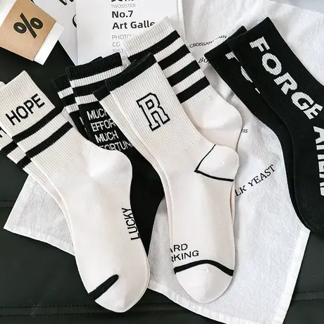 SUSUFISH袜子男女通用黑色袜子条纹中筒潮袜英文长筒袜商品大图