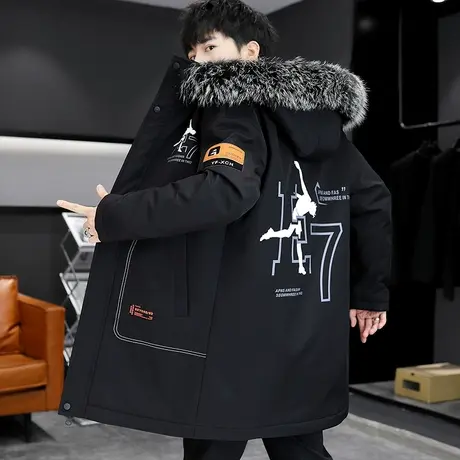 男士中长款棉衣连帽大毛领冬装上衣服个性冬装潮流帅气加大码外套图片