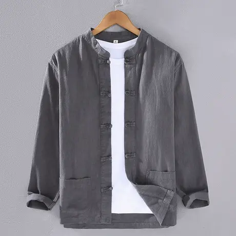 萨法瑞苎麻休闲衬衫男外套中国风2024男士棉麻衬衣百搭宽松复古潮商品大图