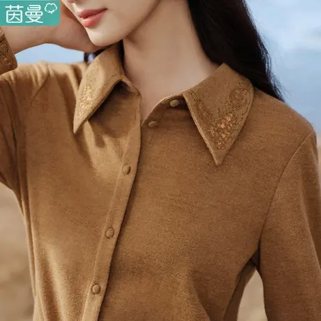 茵曼长袖衬衫磨毛衬衣女装2024新款打底衫内搭上衣秋冬季加厚德绒图片