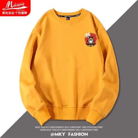 黄色胸标印花卫衣男圆领休闲无帽长袖2021新款秋冬季薄款长袖外套商品大图