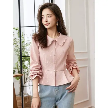 时尚气质娃娃领长袖衬衫女士2023秋季新款温柔淑女收腰短款上衣商品大图