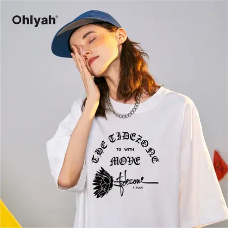 Ohlyah字母玫瑰图案印花短袖t恤男女中性风原创潮牌学生青少年商品大图