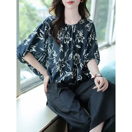 宝诗黎圆领五分蝙蝠袖印花棉质上衣2023夏季新款大码宽松休闲女装商品大图