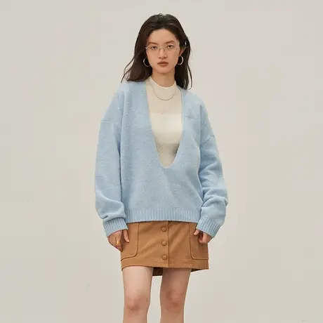 omont蛋挞家 复古U领针织毛衣女2023秋冬新款慵懒宽松针织衫上衣图片