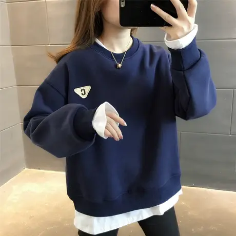 圆领假两件设计感卫衣秋季新款2023年宽松上衣简约纯色潮加绒加厚商品大图