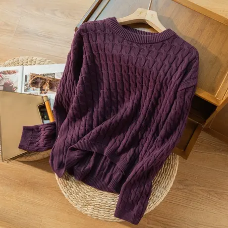 套头针织衫女文艺复古全棉纯色绞花毛衣外套秋冬宽松休闲2022新款图片