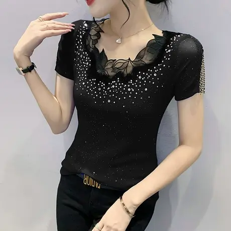 性感网纱短袖上衣女2023夏装新款时尚镂空烫钻T恤百搭显瘦小衫潮图片