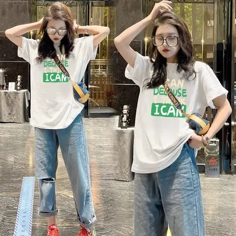 白色t恤女夏季短袖2023年新款印花纯棉中长款宽松欧货体恤衣服ins图片