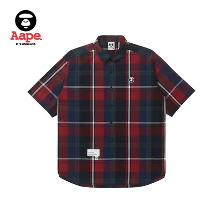 Aape旗舰店男装春夏格纹拼色复古宽松短袖衬衫8435XXK商品大图