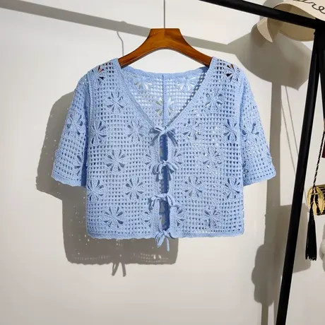 系带短袖针织开衫女夏季新款法式提花镂空设计感小众短款披肩上衣商品大图