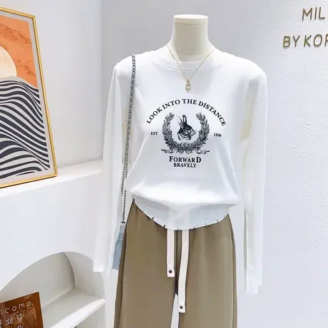 韩代款2023早秋ins复古美式兔子长袖针织衫上衣T恤打底正肩小个子图片