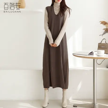 百洛安长款毛衣女秋季新款韩版宽松大码显瘦V领针织马甲背心长裙图片