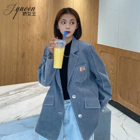 灯芯绒西装外套女秋季新款复古港味宽松休闲网红中长款小西服上衣图片