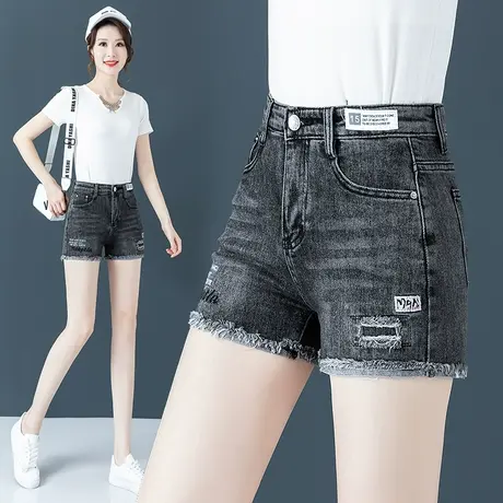 烟灰色牛仔短裤女夏薄款2023小个子水洗百搭时尚裤子毛边破洞热裤图片